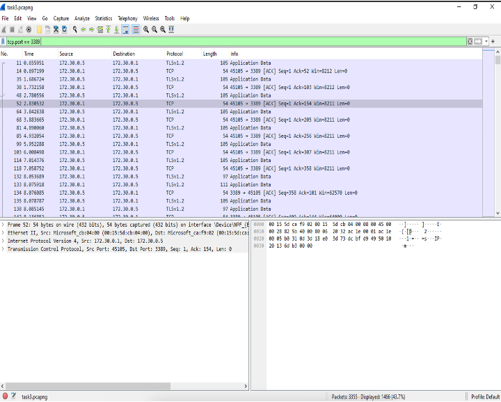 Task 3, Screenshot Capture Live Traffic Only For a Remote Desktop Connection From Parent-VM to VM-1